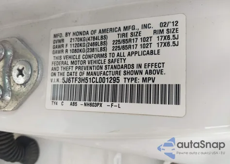 2012 Honda Crosstour 2.4 Ex-L from USA, damaged, VIN 5J6TF3H51CL001295